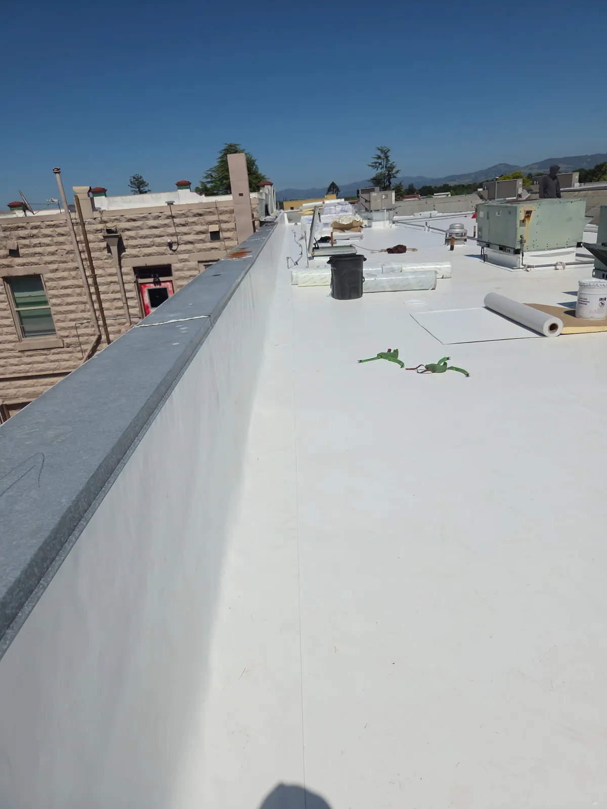 Commercial flat roof with white TPO membrane in Santa Rosa