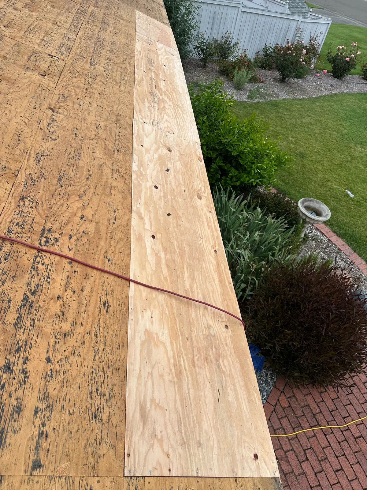 New plywood sheathing replacing rotted decking along the roof edge