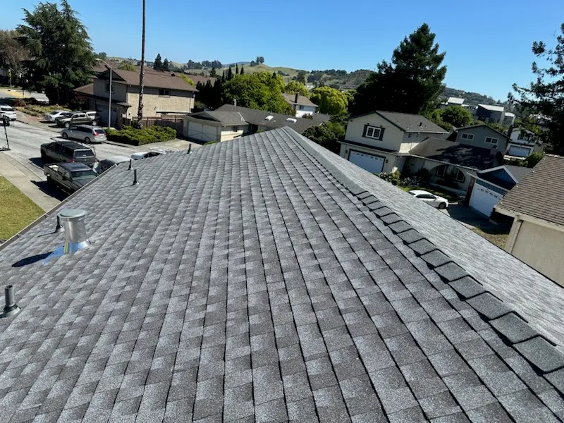New gray shingle roof with ridge cap overlooking the neighborhood