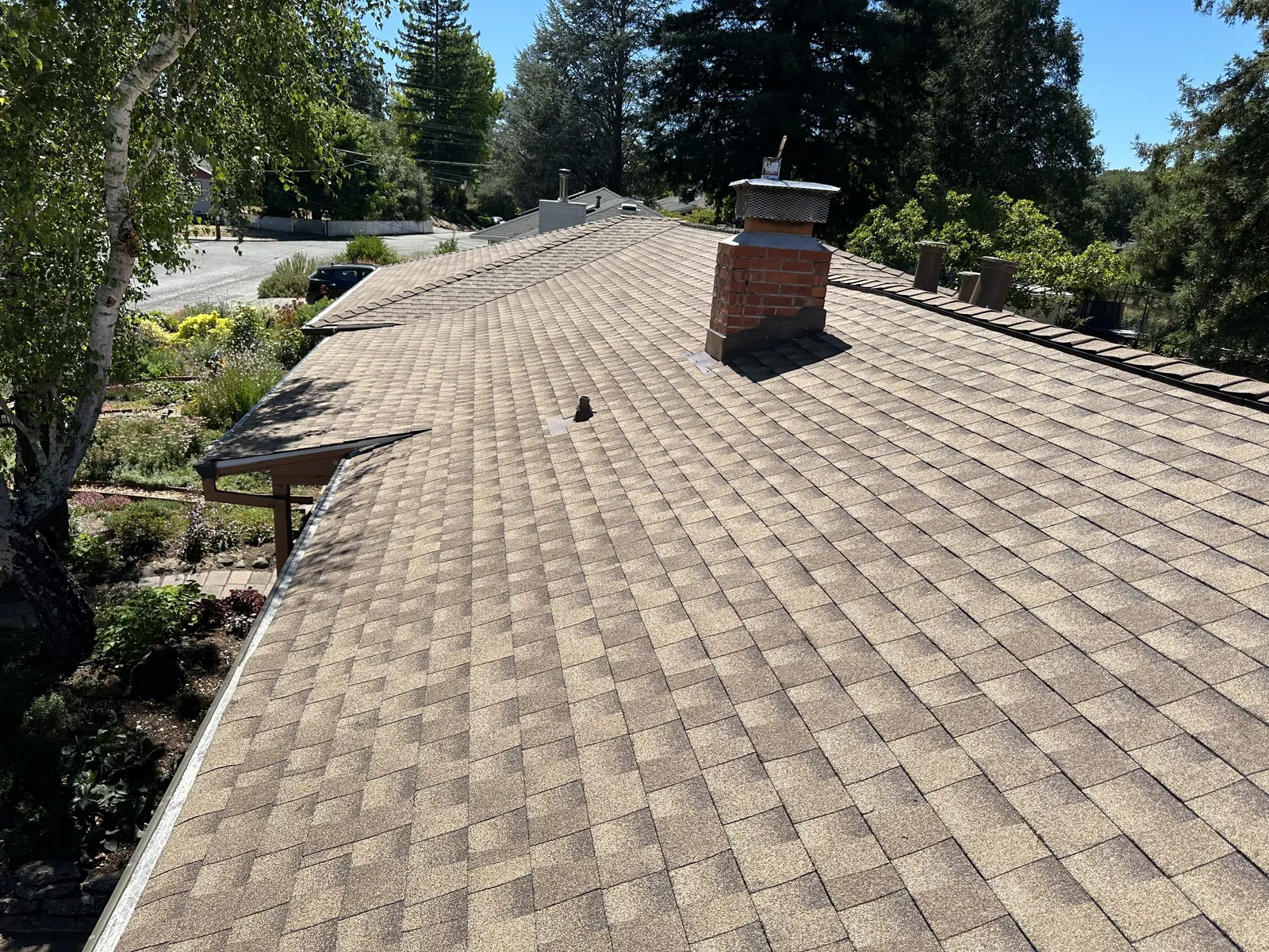 Completed tan shingle roof with a re-flashed brick chimney and clean ridge line in Sebastopol