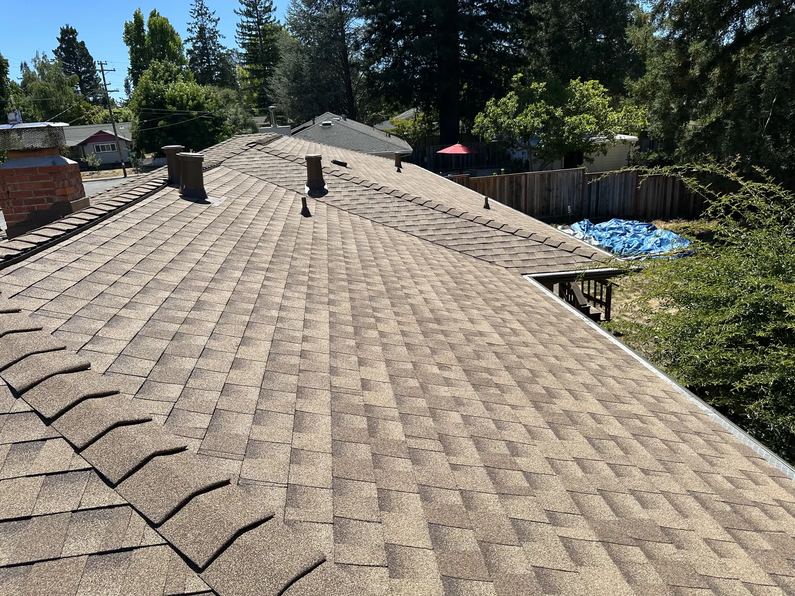 Long ridge line and new vent boots across a completed Sebastopol shingle roof