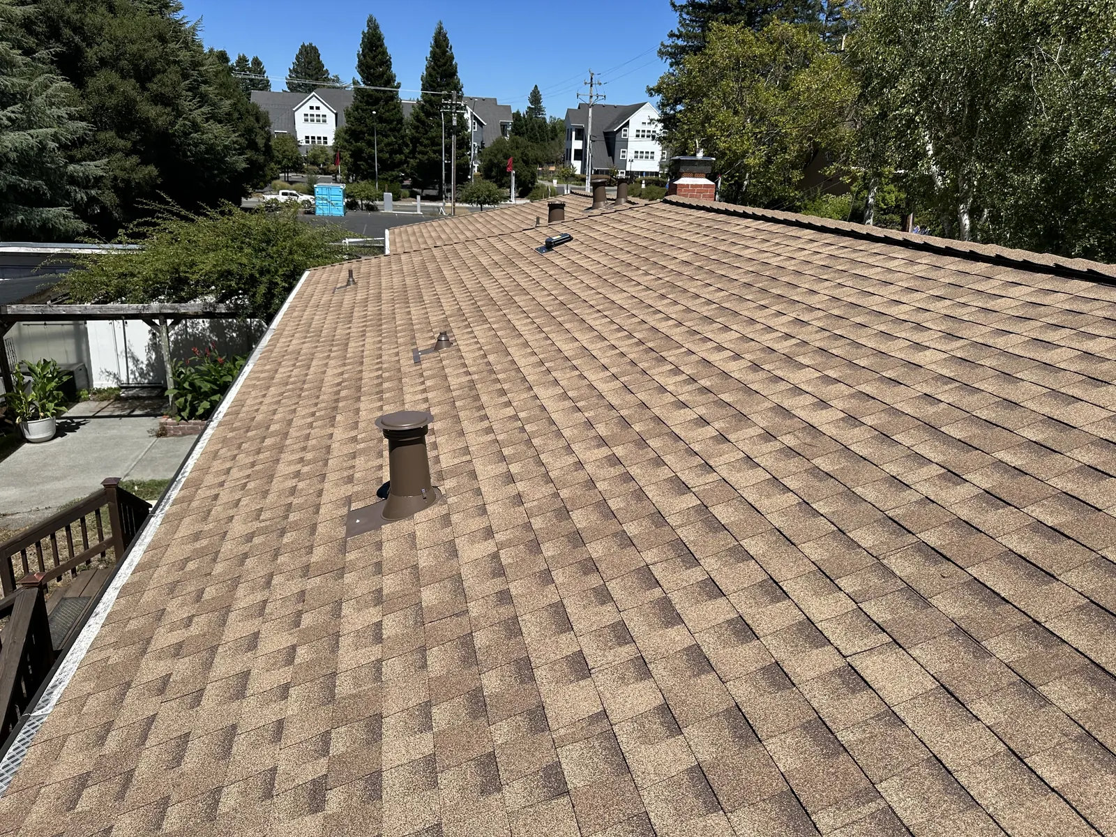 New vent boot and gutter line along a completed shingle roof on a Sebastopol ranch home