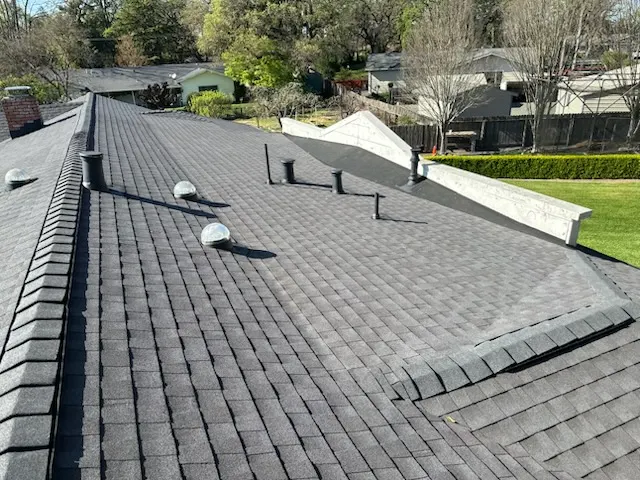 New shingle roof with attic vents and landscaped neighborhood below